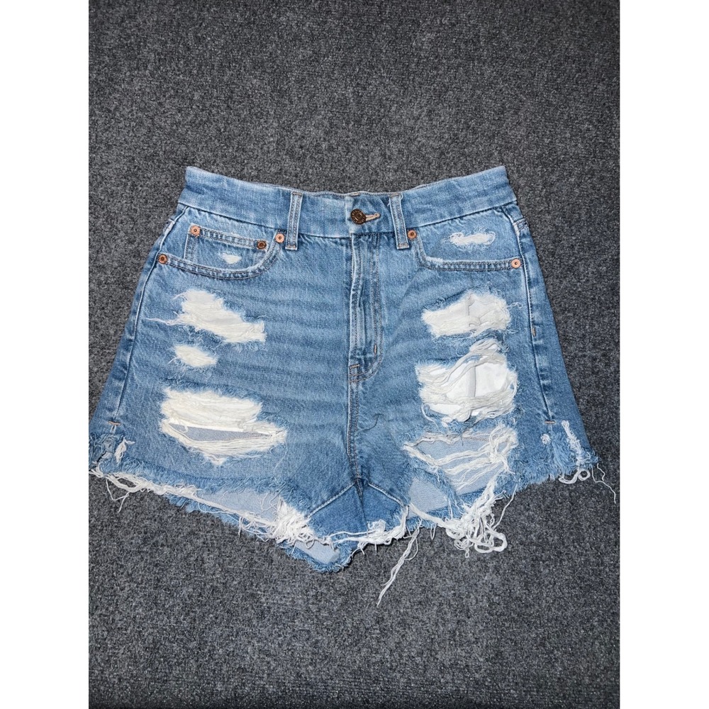 American Eagle Distressed Denim Shorts Size 4 Blue High Rise Raw Hem Stretch